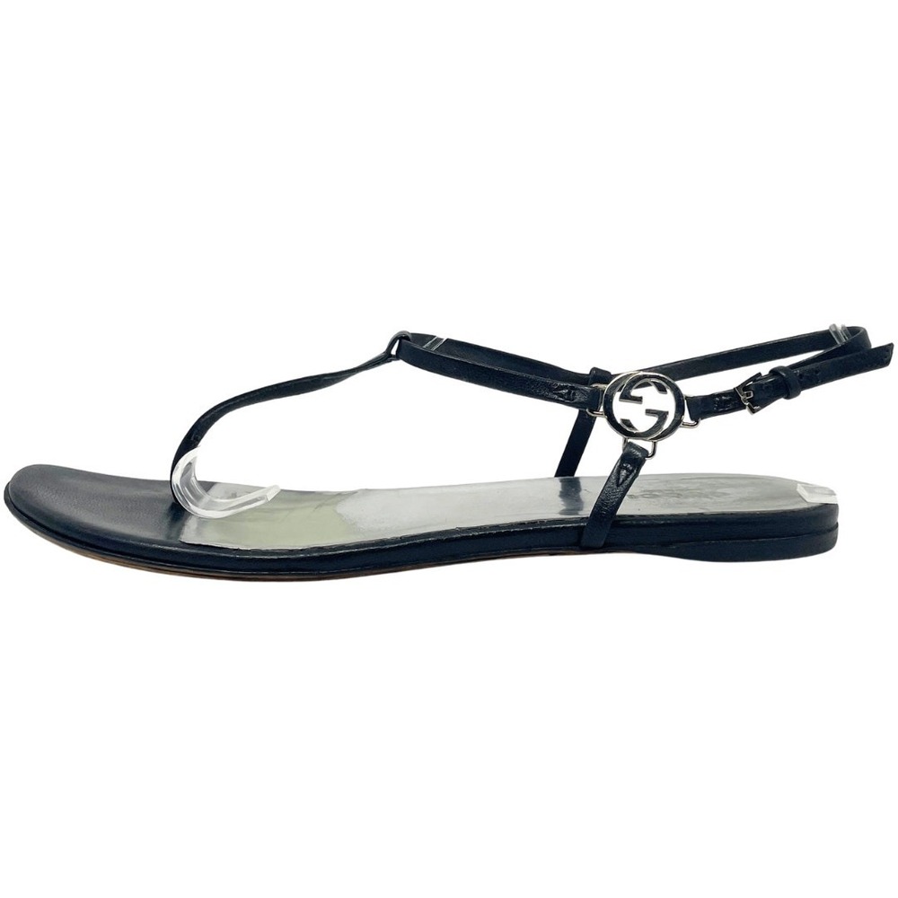 Gucci Thong Sandals Interlocking GG‎ Logo White Gold Black Leather Flats 37.5